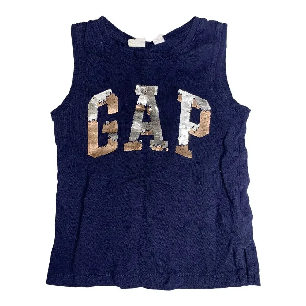 GAP Kids silver and rose gold flip sequin logo blue sleeveless tank XS